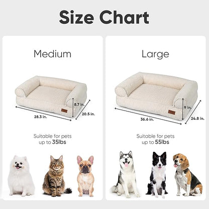 FUKUMARU Dog Couch Bed, Corduroy Cozy Cat Bed for Indoor Cats with Washable Cover, 28in Waterproof Orthopedic Dog Beds Sofa for Small Dogs and Large Cats, Cute Warm Cotton Pet Sofa, Cream