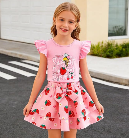 Girls Skirt Set 2 Piece Outfit Toddler Summer Clothes Ruffle Sleeve T-Shirt Bow Knot Tutu Skirt Outfit Set