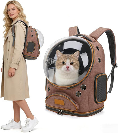 Cat Backpack Carrier, Breathable Cat Carrier Large Space Bubble Pet Backpack for Small Dog and Large cat up to 18lbs, Transparent & Foldable Pet Carrier for Travel Hiking (Brown)