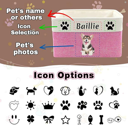 Personalized Dog Cat Toy Storage Basket with Photo & Name, Custom Collapsible Pet Organizer Bin with Handles for Toys, Clothes, Blankets & Pet Supplies
