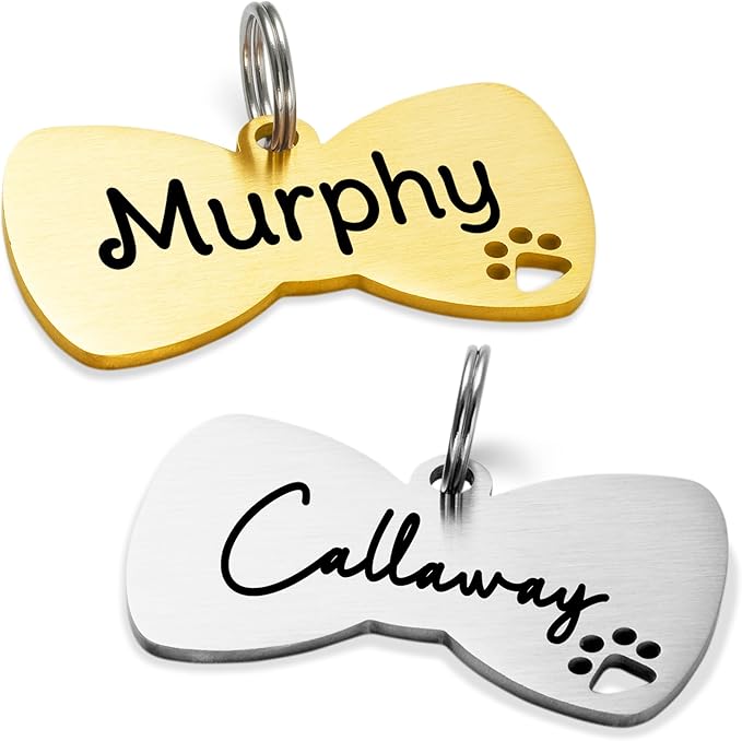 Ultra Joys Dog Tags Personalized for Pets - Hollow Paw Custom Pet ID Tag - Engraved Dog Tag for Small, Large Dogs - Small Bow Tie in Silver