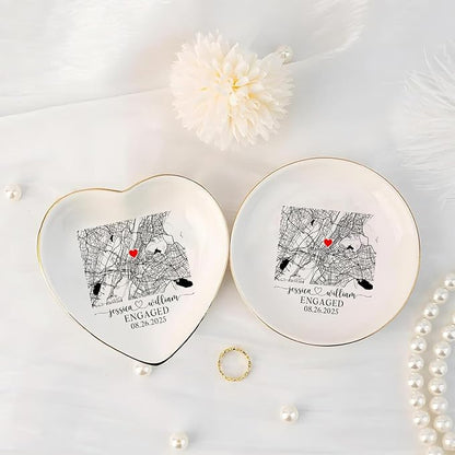 Custom Location Map Engaged Ring Dish Engagement Gift, Jewelry Tray Gifts for Newly Engaged Couple, Ring Holder Dish Wedding Anniversary, Trinket Dish for Her Bride Wife