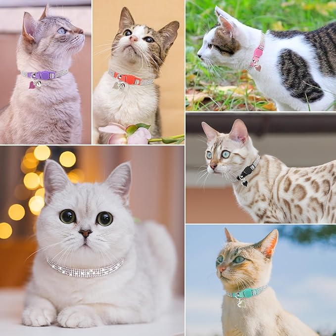 Rhinestone Cat Collar Breakaway with Bell, Diamond Cat Collar with Safety Buckle Quick Release for Girl Boy Small Kitten Pets Puppy,Cute Soft Female Male Cat Collars, Color Blue 8-12"