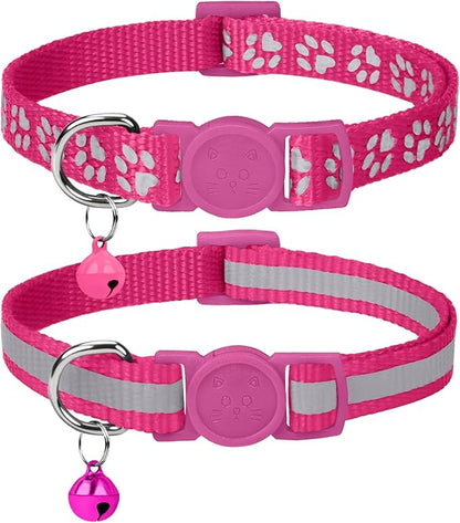 Taglory Reflective Cat Collar Breakaway with Bells, 2 Pack Girl Boy Pet Cat Collar Adjustable 7.5-12.5 Inch, Hotpink