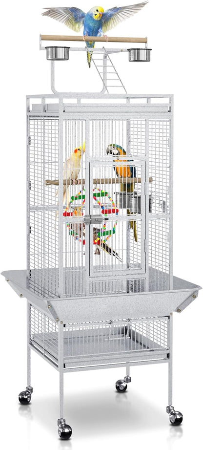SUPER DEAL PRO 61-inch 2in1 Large Bird Cage with Rolling Stand Playtop Parrot Chinchilla Finch Cage Macaw Conure Cockatiel Cockatoo Pet House Wrought Iron Birdcage, White