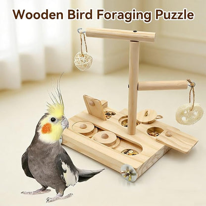 Interactive Wooden Bird Foraging Toy – Cage-Mounted Puzzle Feeder with Sliding Locks, Loofah & Vine Ball for Budgies, Cockatiels, Conures & Small Parrots