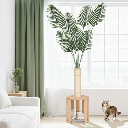82.7'' Tall Modern Cat Tree for Indoor Cats,Artificial Areca Palm Tree Cat Tower with Solid Wood Cat Bed,Nature Sisal Scratching Post,Removable Mat,Aesthetic Cat Activity Center for Small Medium Cats