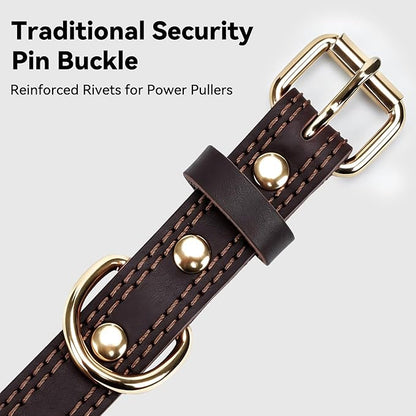 Joytale Genuine Leather Dog Collar for Large Dogs, Heavy Duty Thick Solid Leather for Power Breeds, Sturdy Adjustable Pet Collar with Metal Pin Buckle, Durable for Daily Walking, Brown, L