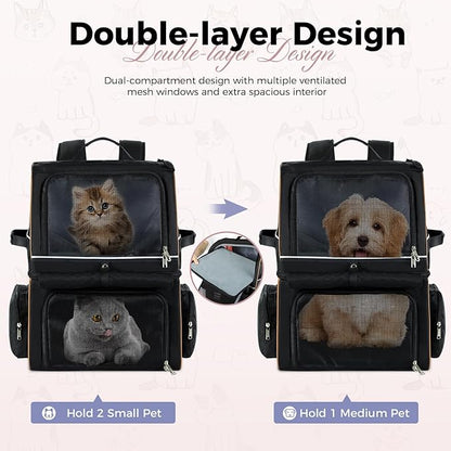 Lekebobor Double Cat Backpack Carrier for 2 Cats, Double-Compartment Pet Carrier Backpack for Two Small Cat or One Medium Cat, Cats Carrier Backpack Dog Carrier Backpack Fits Up to 24 Lbs,Black