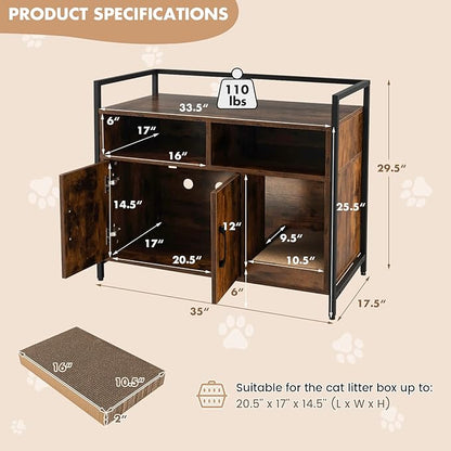 Giantex Cat Litter Box Enclosure - Cat Washroom Hidden Furniture with Front Entry, Scratcher, 2-Door Storage Cabinet, 2 Compartments, Air Vents, Metal Frame, Wooden Pet Crate House (Rustic Brown)