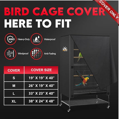 Zettum Bird Cage Cover - 600D Bird Cage Covers for Night Heavy Duty & Waterproof, Fade-Resistant Pet Bird Cage Cover Accessory for Parakeet, Parrot, Cockatiel and More Finches - 19 x 19 x 40 Inch