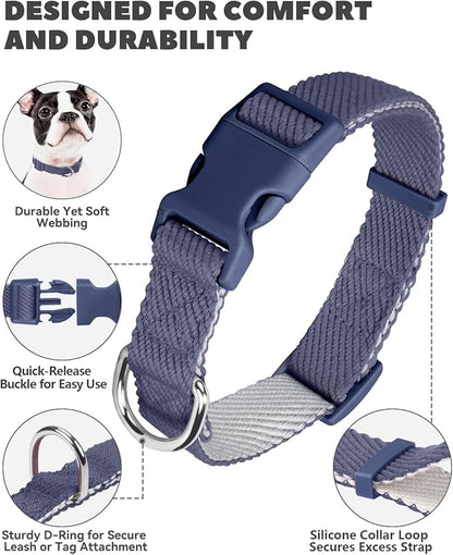 Dynmeow Soft and Breathable Cotton Dog Collar, Durable Adjustable Pet Collar with Quick-Release Buckle, Lightweight for Sensitive Skin for Small and Medium Dogs, Navy-Blue, S