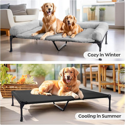 Veehoo Orthopedic Elevated Dog Bed with Fluffy Plush Bolster Cushion, Indoor Raised Dog Beds for Large Dogs, Soft Pet Sofa Cot with Removable Washable Mat, No-Slip Feet, 49 x 33 inches, Grey
