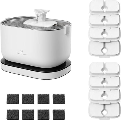 Cordless Pet Water Fountain Battery Operated + 8 Packs Replacement Filters for Dockstream Cat Water Fountain WF005 WF115 WF105, 4 Months Set of Replacement Filters