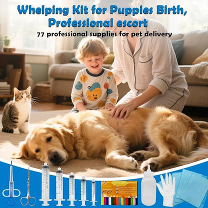 Whelping Kit for Puppies Birth - Reusable Birthing with 77Piece,Birthing Essentials with Emergency Whelping Supplies,Kitten Bottle Feeding kit for New Born Puppy Supplies and Kitten