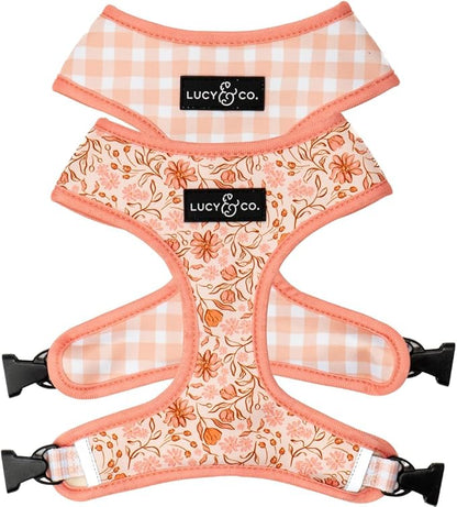 Lucy & Co. Cute Reversible Dog Harness Walking Halter - Best Designer Pet Harnesses for XS - XL Dogs - Padded Adjustable Vest for Easy Walking-Small-Peach Pink Floral Plaid