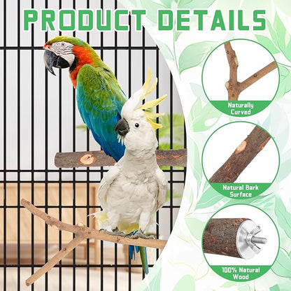 BILLIOTEAM 4-Pack Natural Wood Bird Perch Stand with Spacious Platform, Thick & Long Branches, Large Parrot Cage Accessories for African Grey, Macaws, Conures, Eclectus (Medium & Large Birds)