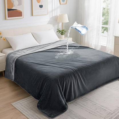 LOOBANI Waterproof Blanket for Bed: Reversible Soft Flannel Queen Bed Blanket 80" x 90", Waterproof Dog Blankets for Large Dogs, Spill-Proof Cover for Furniture Protection, Movie Time, Grey