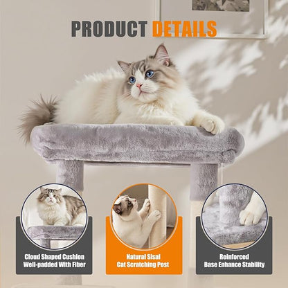 Sweetcrispy 63 inch Cat Tree Tower, Large Multi Level Cat Climbing Tower with Condo, Natural Sisal Scratching Posts, Extended Platform, Hammock, Pet House for Indoor Cats and Kittens Play, Grey