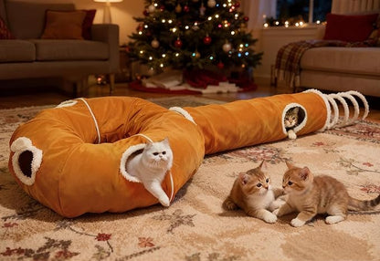 Ownpets 2-in-1 Cat Tunnel, Large Lollipop Shape Cat Tunnel Toy with Fluffy Balls, Spiral Toy, Plush Collapsible Cat Cave Hideout Donut Tunnel for Multi Kitten Puppy Rabbit (Orange)