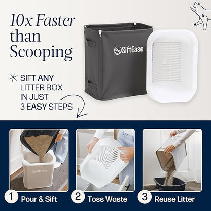 Cat Litter Sifter - SiftEase Sifting Litter Box Cleaner, Large Litter Box Sifter with Bin for Fast & Easy Scoop Free Cleaning and Longer Lasting Litter (2 Pack Dark Grey)