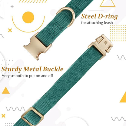Soft Cotton Dog Collar with Metal Buckle Adjustable Heavy Duty Comfy Corduroy Collars for Small Medium Large Dogs,Dark Green,Medium