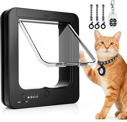 Smart Cat Door for Interior & Exterior, RFID Cat Pet Door with 3 Collar Sensor Keys & 1 Remote Control & 4 Way Locking Cat Flap with Collar Sensors Activated Opening CatDoor (Black)