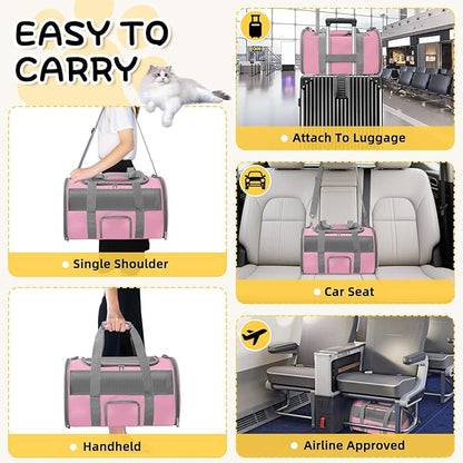 Soft Side Cat Carrier Airline Approved for Puppy Kitten Dog Carriers for Small Medium Cats Under 15lb, Collapsible TSA Approved Travel Pet Carrier, Pink with Grey