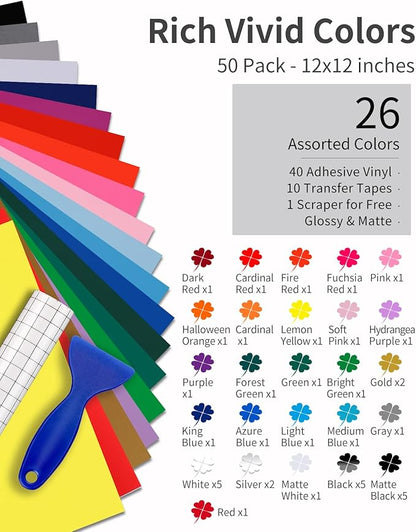 Permanent Vinyl (50Pack, 12"x12") - 40 Adhesive Vinyl (Matte & Glossy) + 10 Transfer Tapes 1 Scraper, Waterproof Outdoor for All Cutting Machine, Perfect for Home Party Decor