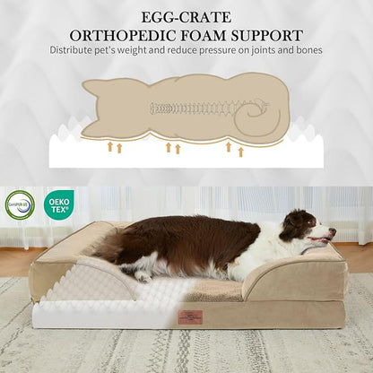Comfort Expression Orthopedic Dog Bed for Medium Dogs 30x20 Inch, Waterproof Egg Crate Foam Medium Pet Bed with Removable Bolsters, Dog Couch with Washable Cover & Non-Slip Bottom, Light Brown