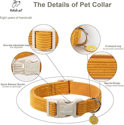 Cute Corduroy Dog Collar - Mustard Yellow Adjustable Dog Collars for Large Dogs 50-80lbs, Fade-Proof with Secure Snap & Little Charm, Christmas Birthday Gift, L