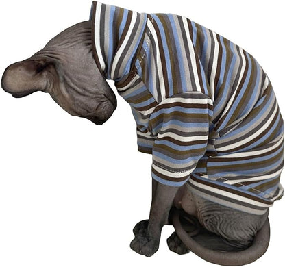 Vintage Stripes Sphynx Hairless Cats Shirt Cotton Cat Turtleneck Pet Clothes Kitten T-Shirts with Sleeves for Sphynx Cats (Storm, Small)