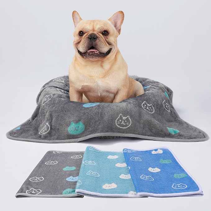 1 Pack 3 Blankets Super Soft Fluffy Premium Cute Cat Pattern Pet Blanket Flannel Throw for Dog Puppy Kitten Blue/Cyan/Grey Large(41x31 inch)