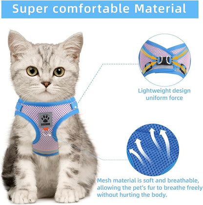 Cat Vest Harness and Leash Set for Walking Escape Proof, Adjustable Kitten Harness Breathable Mesh with Reflective Strips Harness for Kitty Puppy Bunny (Pink and Blue,S)