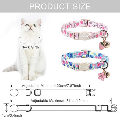 Lionet Paws 2pcs Pack Cotton Cat Collar,Breakaway Buckle with Floral Strawberry Bow and Flower Pendant Cute Adjustable Cat Kitten Collar,Ideal for Girl Cats