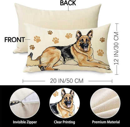 German Shepherd Dog Lumbar Decorative Throw Pillow Cover 12 x 20, Rectangular Paw Prints Outdoor Home Decor Pet Owner Lover Gift, Sofa Couch Cushion Case Housewarming Gifts