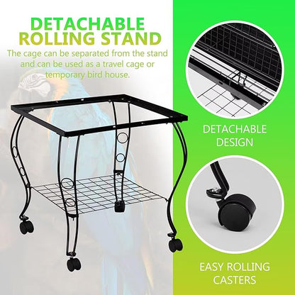 SUPER DEAL 63.5'' Rolling Bird Cage Large Wrought Iron Cage for Cockatiel Sun Conure Parakeet Finch Budgie Lovebird Canary Medium Pet House with Rolling Stand & Storage Shelf