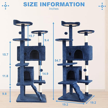 FDW | 54" Cat Tree Tower | Navy Blue | Multi-Level Indoor Activity Center with Sisal Scratching Posts, Condos, Plush Perches, Hanging Cat Toys | Sturdy, Easy to Assemble | for Kittens & Adult Cats