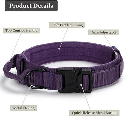 Tactical Dog Collar, Adjustable Military Training Nylon Dog Collar with Control Handle and Heavy Quick-Release Metal Buckle for Small Medium Large Dogs, Purple S