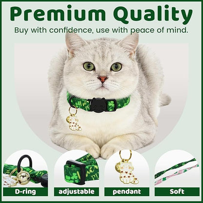 St. Patrick's Cat Collar-2 Pack Collars Pink and Green Four-Leaf Clover&Trefoil Print Breakaway with Kitten and Bell Pendant Safety Buckle Adjustable Pet Collar for Cats and Small Pets