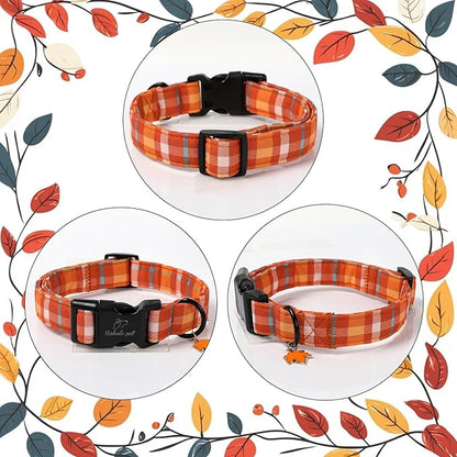 Fall Dog Collar Cute Orange Plaid Puppy Collar - Light Comfortable Adjustable Pet Collars for Small Medium Large Girl Boy Dogs M