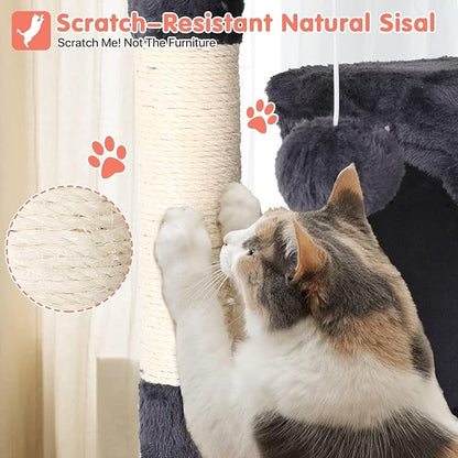 Large Cat Tree with Scratching Post, 54in, Wooden Frame, Sisal Ropes, 3 Platforms, 2 Hanging Balls, 2 Cushions, Light Gray