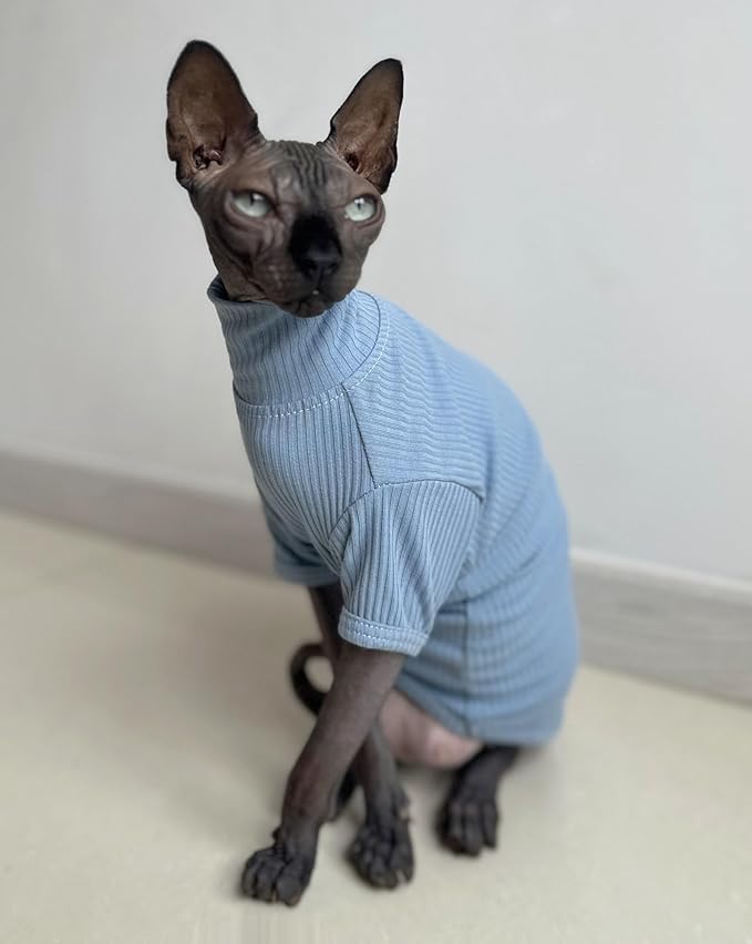 Sphynx Hairless Cats Shirt Cotton Cat Turtleneck Sweater Pullover Kitten T-Shirts with Sleeves Cat Pajamas Jumpsuit for Sphynx Cornish Rex, Devon Rex, Peterbald (Sky Blue, XX-Large (Pack of 1))
