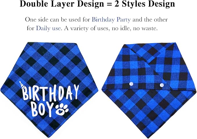 Plaid Dog Bandana with Button, Dual Layer Soft Cotton Triangle Dog Scarf Kerchief Washable Girl Boy Dog Bandanas Adjustable Accessories for Small Medium Large Extra Large Dog Puppy Pet