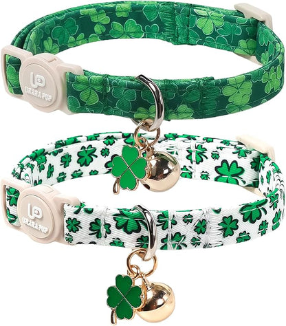 Cat Collar,2Pack St.Patrick's Day Cat Collars Cute Breakaway Kitty Collars,Spring Green Shamrock Cat Collar with Bell, Lucky Clover Kitten Collars with Safety Buckle for Girl & Boy Cats