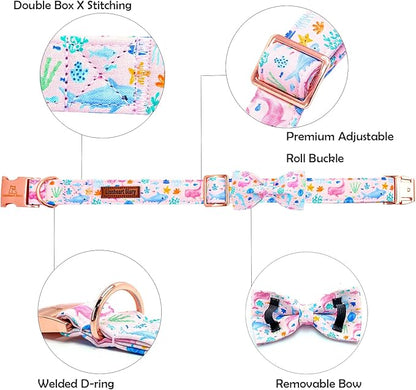Lionheart glory Dog Bow Collar Sea Animals Print Pink Dog Collar for Large Dogs,Female Male Dog Collars with Bowtie Spring Summer Collars Soft Adjustable Pet Collar Bows