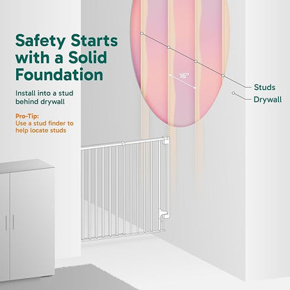 Cumbor 34" Extra Tall Baby Gate for Stairs, Wall-Mounted (Drill Required), Expandable 31.6-48" No Bottom Bar Dog Gate Indoor for Larger Pets, Large Walk Thru Door for Easy Access (White)