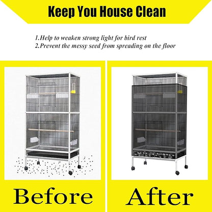 Bird Cage Seed Catcher Large Bird Cage Cover 118 * 31 inches Adjustable Net Cover,Black Nylon Mesh Birdcage Skirt Guard for Parrot Macaw Round Square Cages (1, Black, 118 * 31 inches)