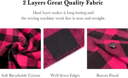 Plaid Dog Bandana with Button, Dual Layer Soft Cotton Triangle Dog Scarf Kerchief, Washable Girl Boy Bandanas Adjustable Accessories for Small Medium Large Extra Large Puppy Pet