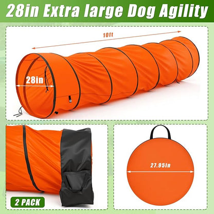 28 in 10 Foot Orange Extra Large Dog Agility Tunnel with Sandbags Dogs Agility Training Equipment Tunnel with 3 Pack Sandbags Carry Bag and 4 Ground Spikes for All Medium and Large Dogs